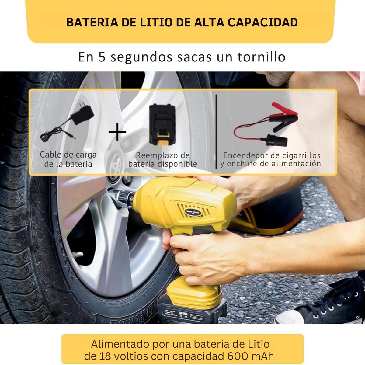 MOVI - Kit Automotriz Premium inalámbrico Gata 5T + Llave Impacto