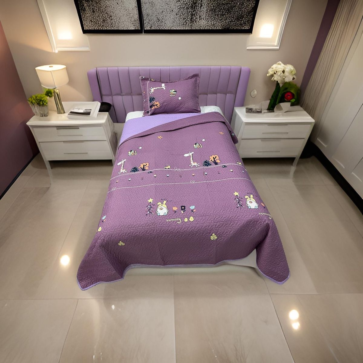 GENERICO - CUBRECAMA QUILT DE VERANO DELGADO DISEÑO INFANTIL LILA 1.5 PLAZA