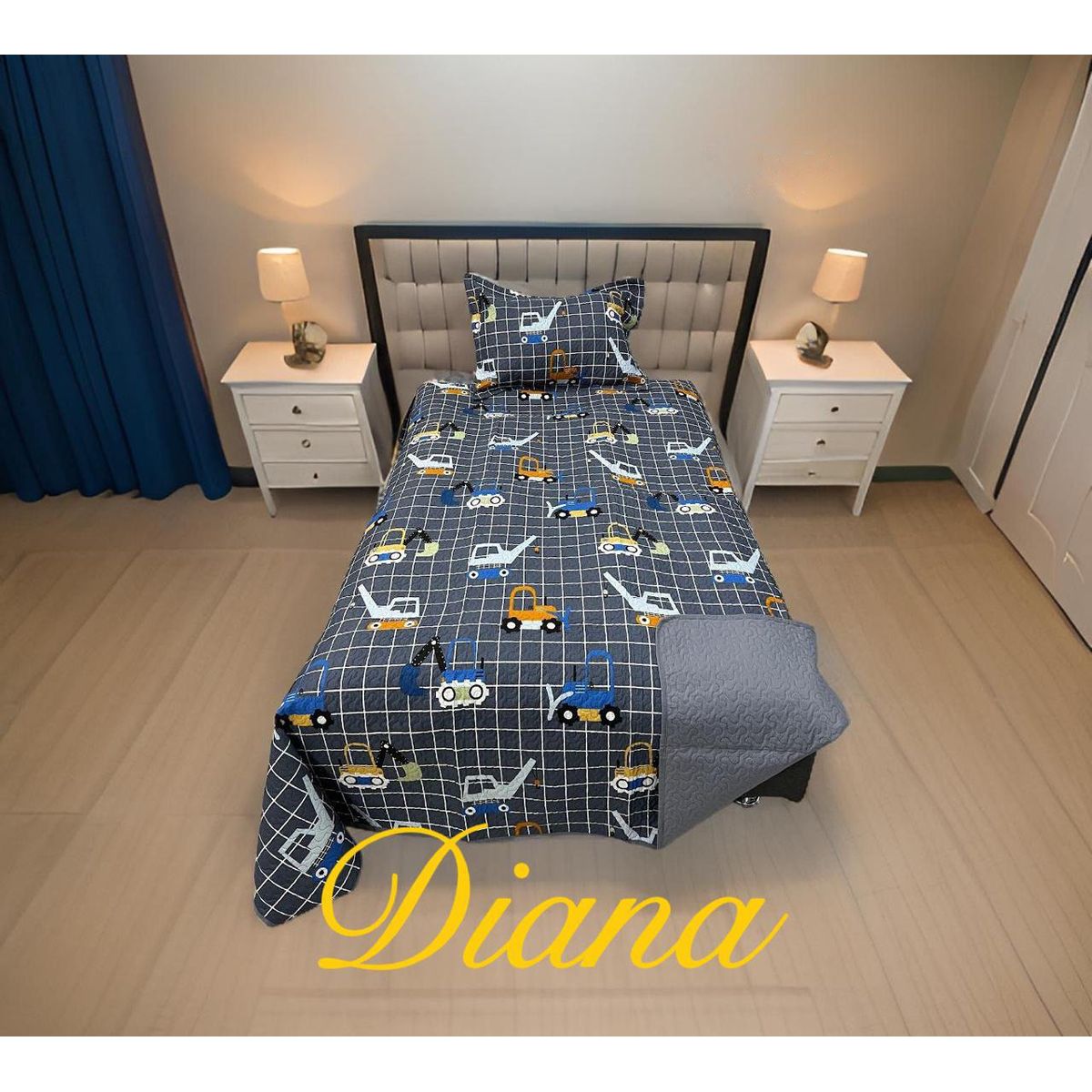 GENERICO - CUBRECAMA QUILT DE VERANO DELGADO DISEÑO INFANTIL GRIS GRUAS 1.5 PLAZA