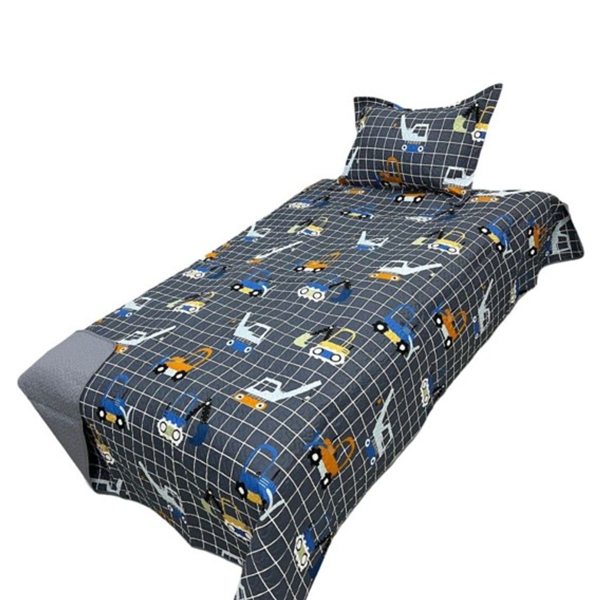 GENERICO - CUBRECAMA QUILT DE VERANO DELGADO DISEÑO INFANTIL GRIS GRUAS 1.5 PLAZA