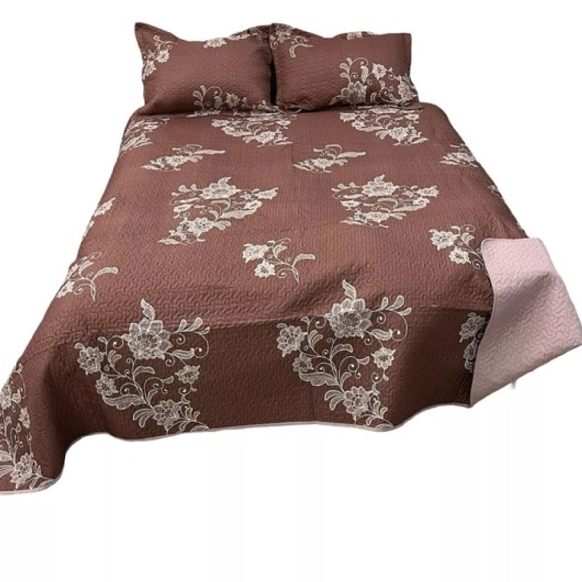 GENERICO - CUBRECAMA QUILT DE VERANO DELGADO DISEÑO CAFE FLOR BLANCA 1.5 PLAZA