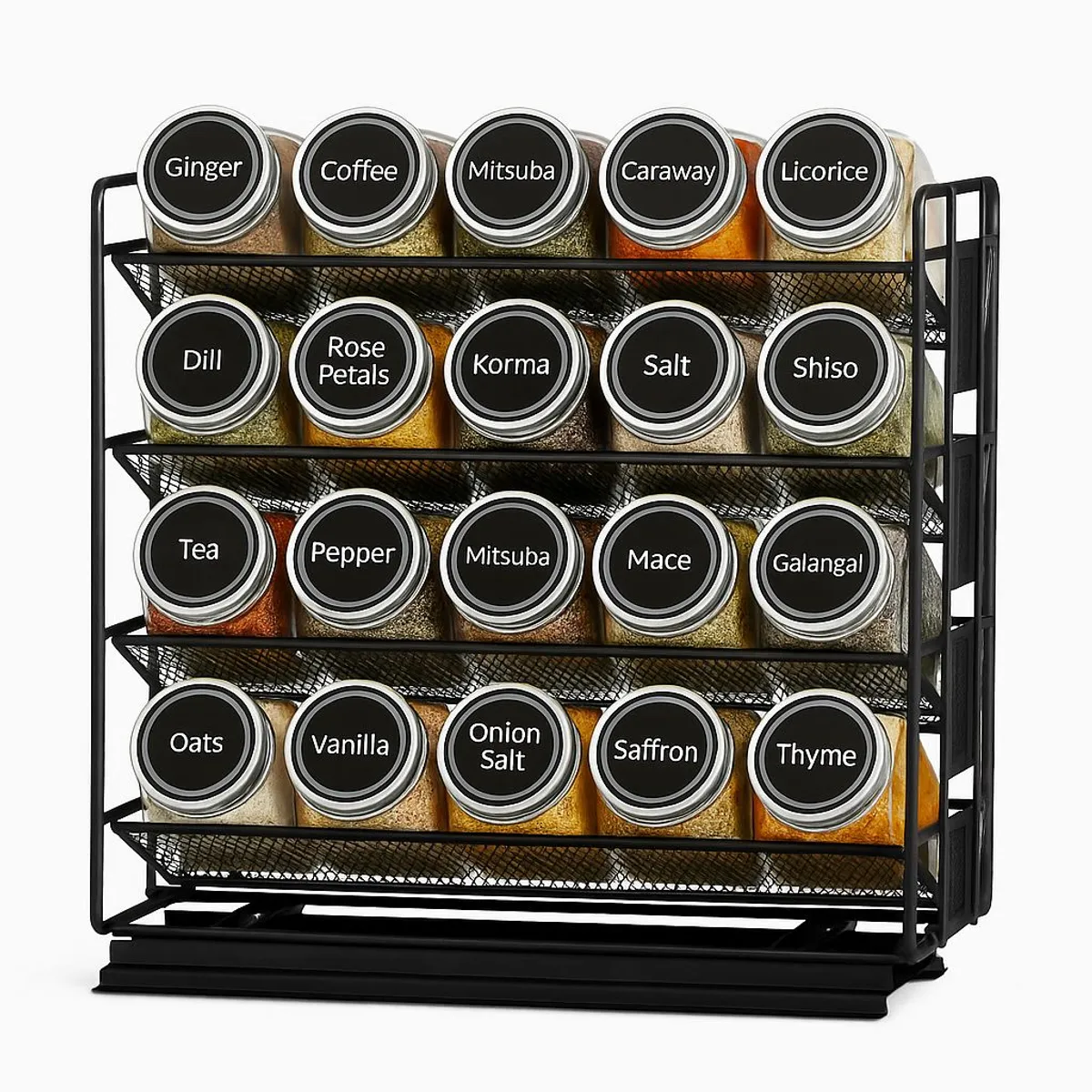 WAKESHOME - 20 Condimenteros De Vidrio + Estante Desplegable Y Etiquetas Negro
