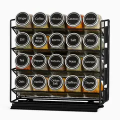 WAKESHOME - 20 Condimenteros De Vidrio + Estante Desplegable Y Etiquetas Negro