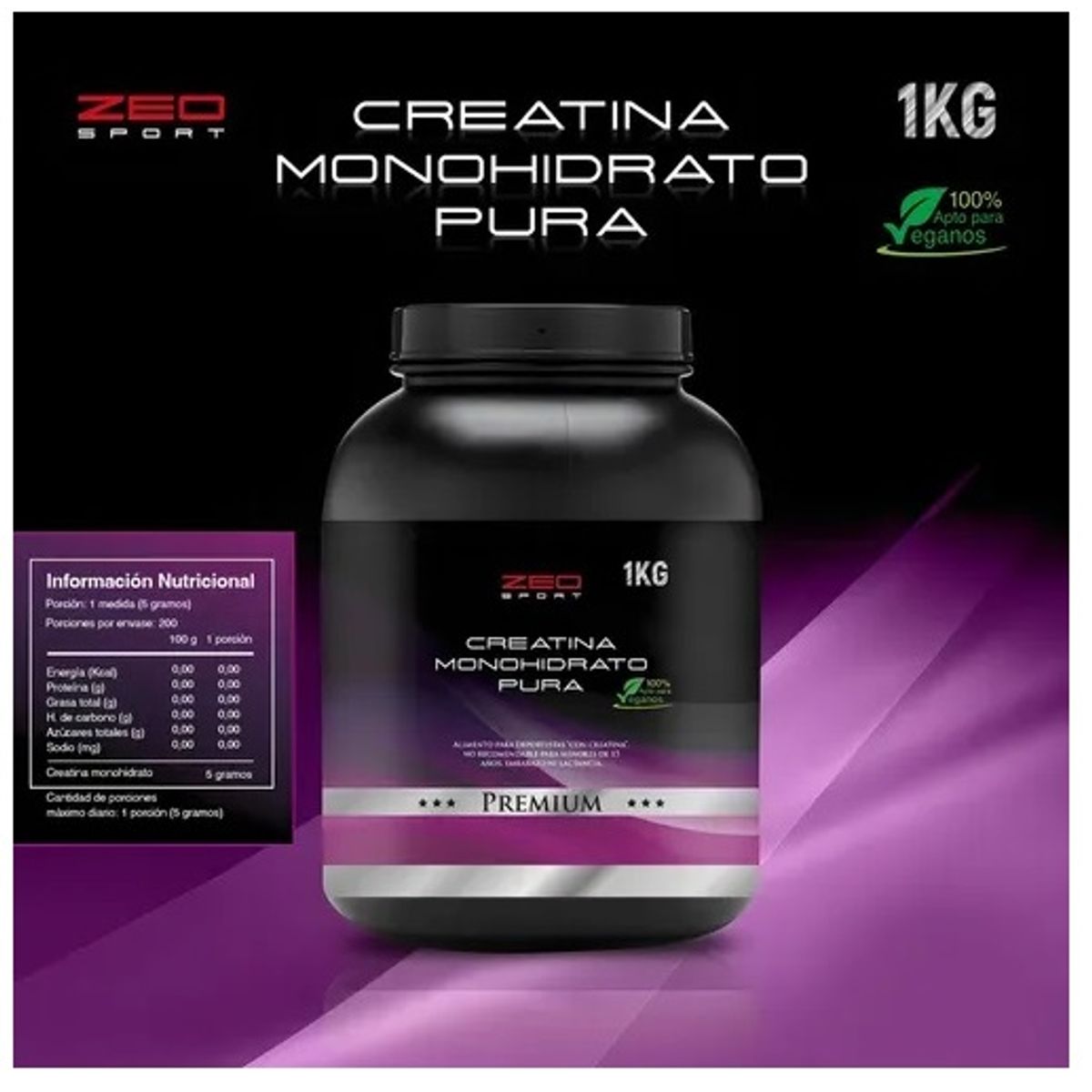 ZEO SPORT - Creatina Monohidratada Polvo Zeo 1 Kilo Pura. Fitnesss