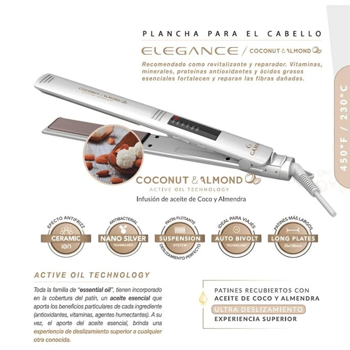 GAMA - PLANCHA ALISADORA CABELLO ELEGANCE LED COCONUT GAMA