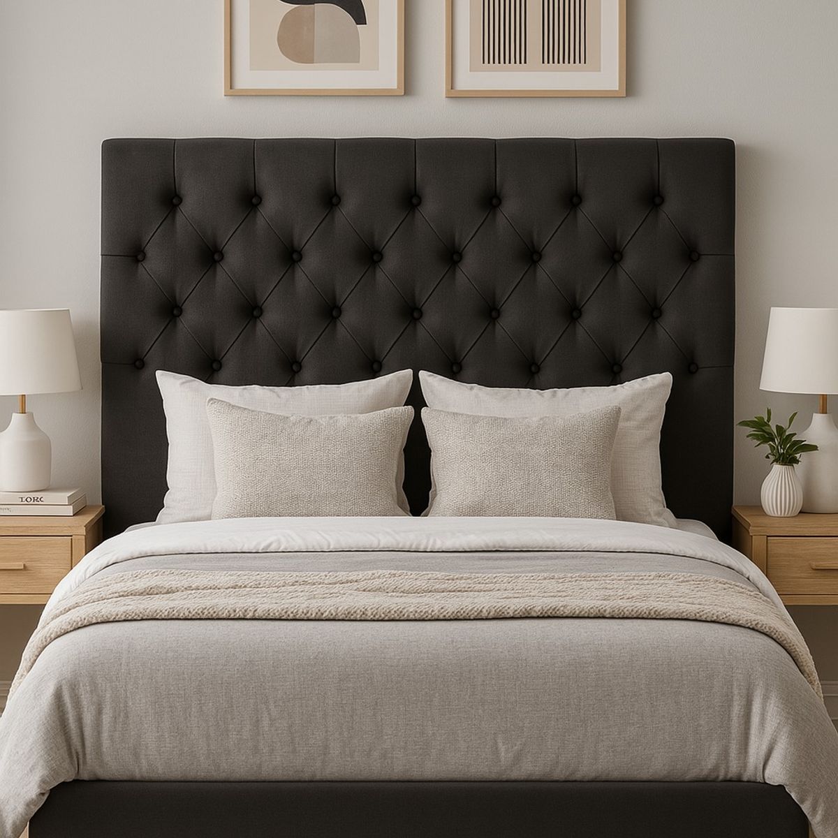 GENERICO - Respaldo De Cama 2 Plazas Gris Oscuro En Lino Capitone