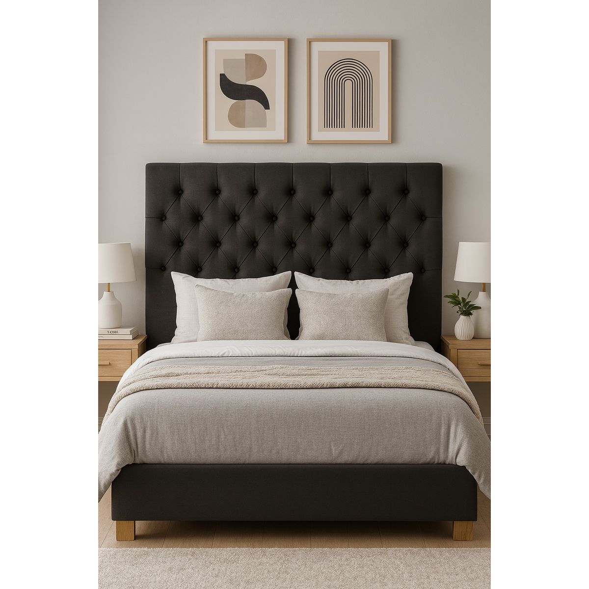 GENERICO - Respaldo De Cama 2 Plazas Gris Oscuro En Lino Capitone