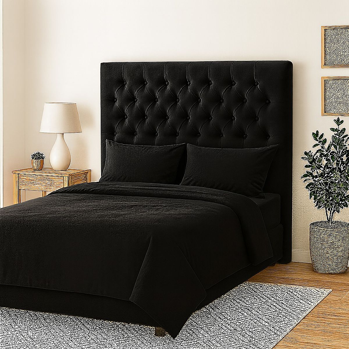 GENERICO - Respaldo De Cama 2 Plazas Negro En Lino Capitone