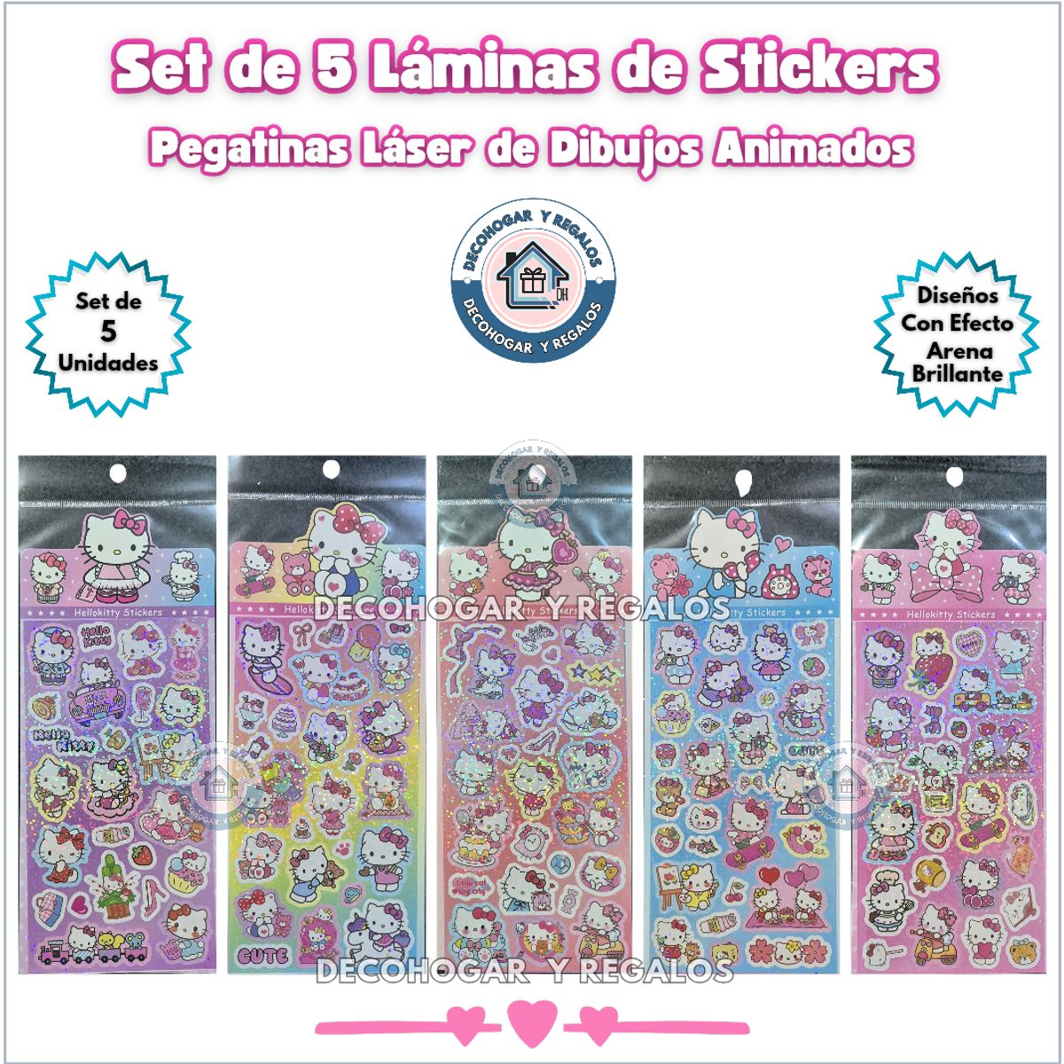 GENERICO - Set 5 Láminas de Stickers Pegatinas Láser Diseños Personajes Animados