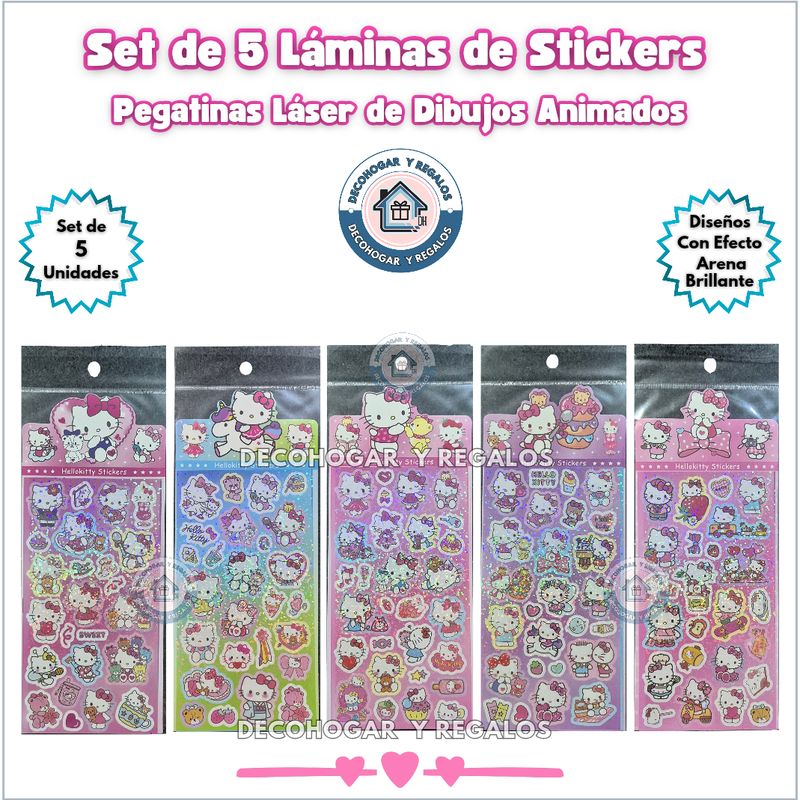 GENERICO - Set 5 Láminas de Stickers Pegatinas Láser Diseños Personajes Animados