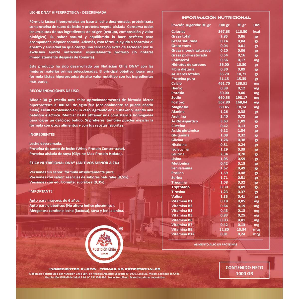 DNA - LECHE PROTEIN D N A® - DESCREMADA EN POLVO - PURA - POTE 1 KILO