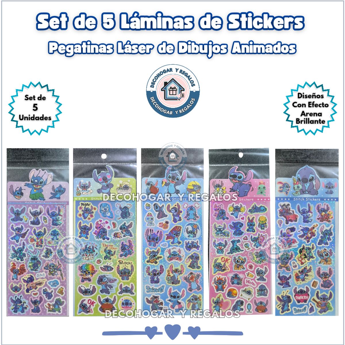 GENERICO - Set 5 Láminas de Stickers Pegatinas Láser Diseños Personajes Animados