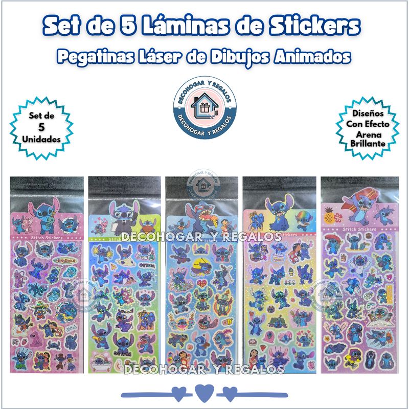 GENERICO - Set 5 Láminas de Stickers Pegatinas Láser Diseños Personajes Animados