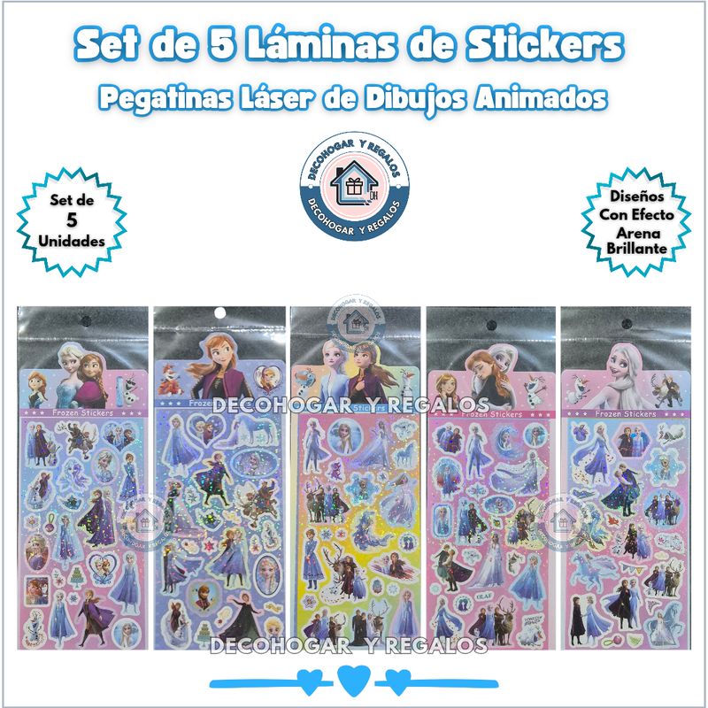 GENERICO - Set 5 Láminas de Stickers Pegatinas Láser Diseños Personajes Animados