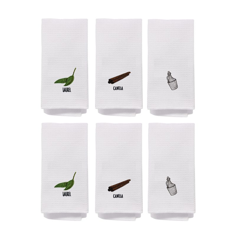 CHITECO - Pack 6 Paños De Cocina 100% Algodón Waffle 50x70cm Blanco Bordado