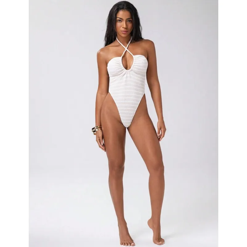 SOL AMADO - Traje de baño Mujer enterizo con rayas en albaricoque