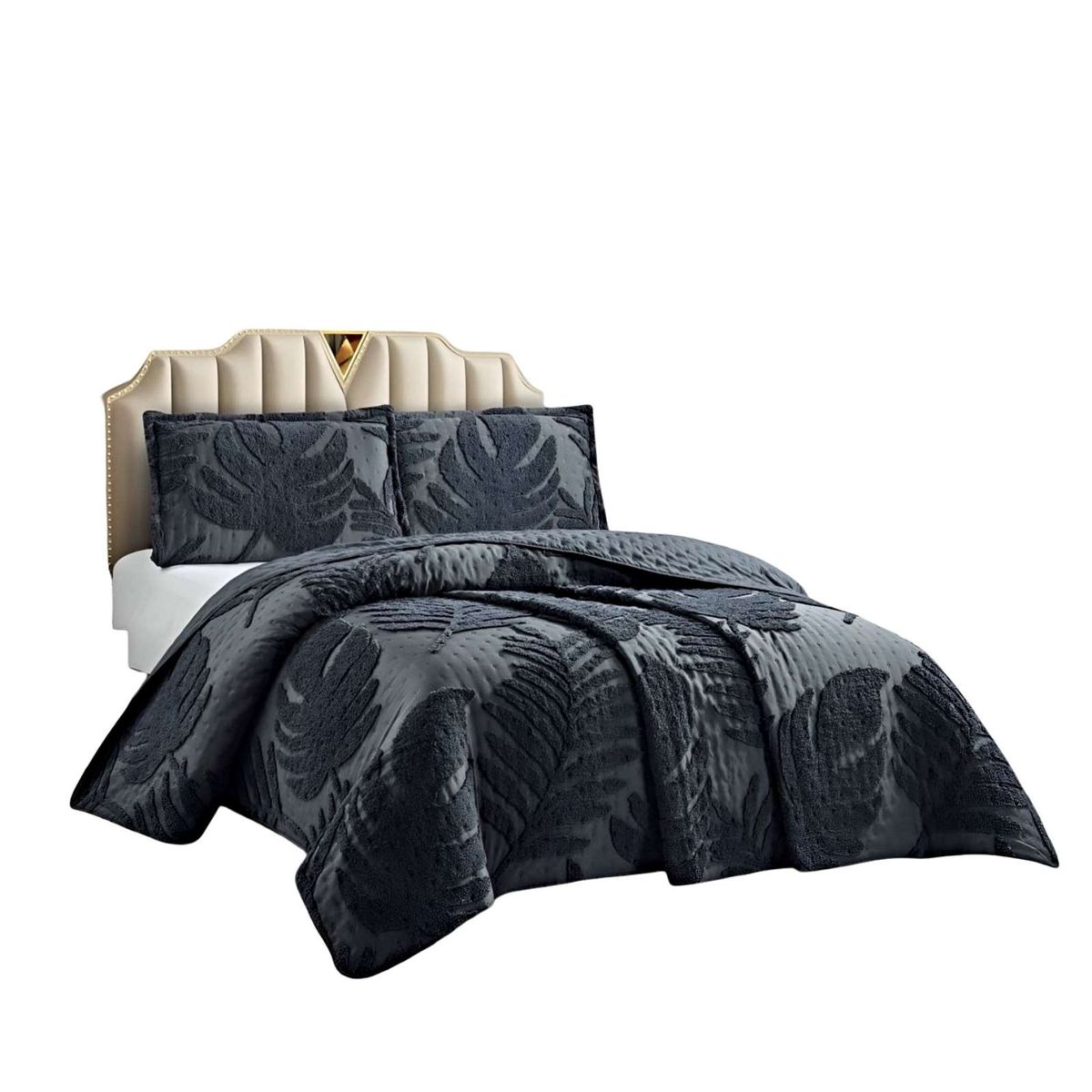 GENERICO - CUBRECAMA CON DISEÑO HOJA RELIEVE 2 PLAZAS NEGRO