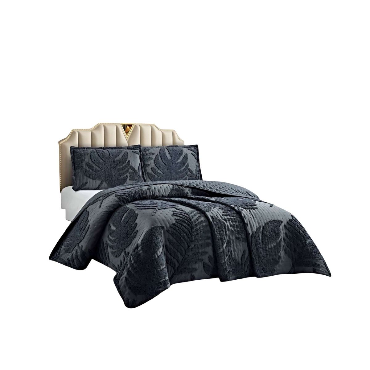 GENERICO - CUBRECAMA CON DISEÑO HOJA RELIEVE 2 PLAZAS NEGRO