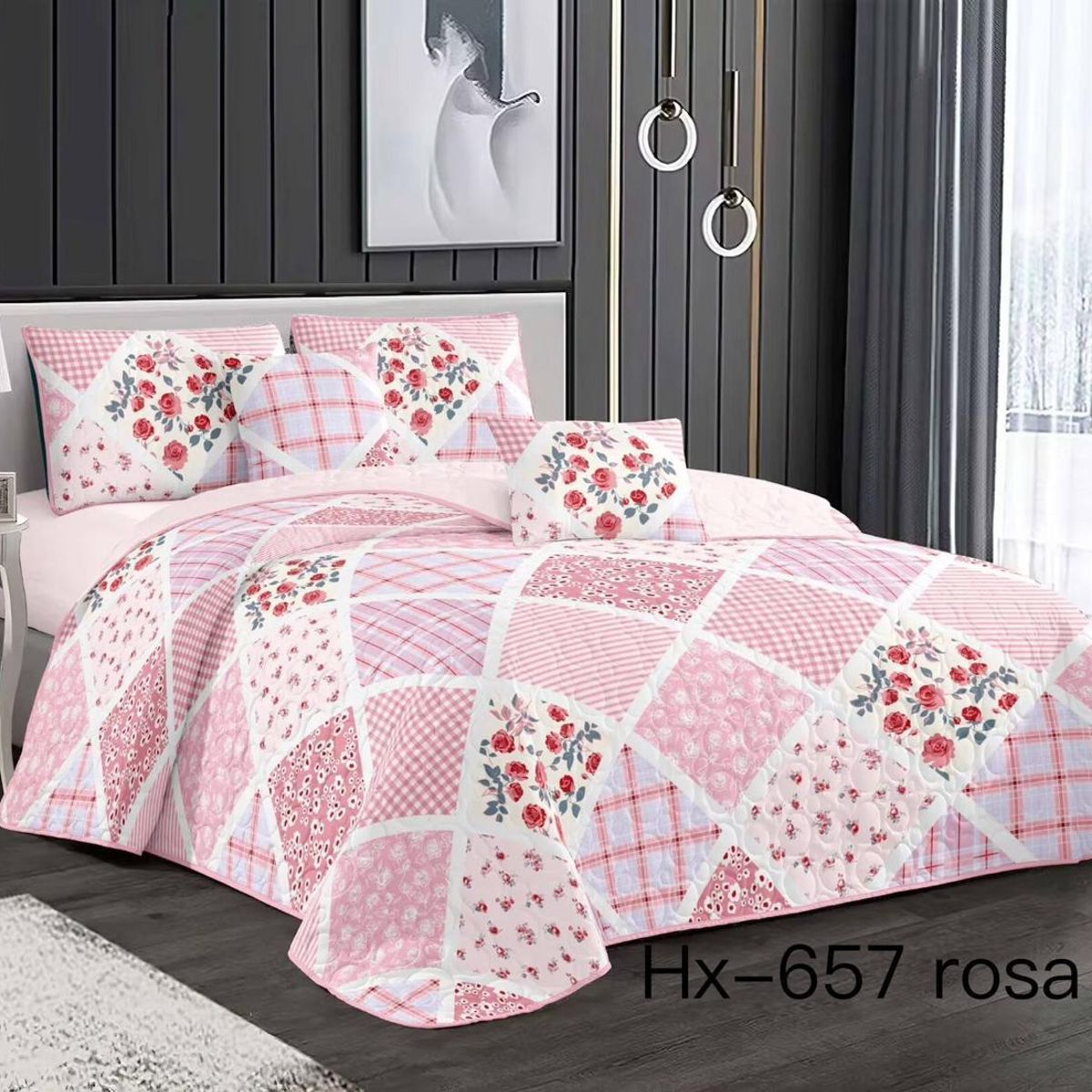 GENERICO - Cobertor Quilt de Verano 1,5 plaza - Diseño Rombos Rosado