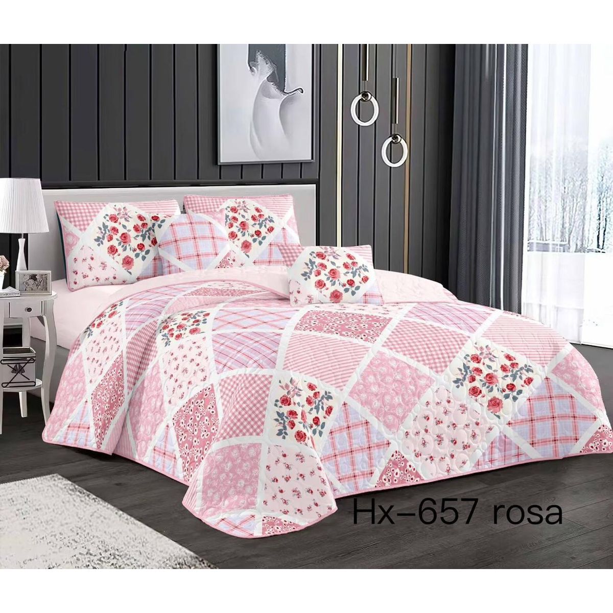 GENERICO - Cobertor Quilt de Verano 1,5 plaza - Diseño Rombos Rosado