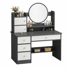 SPACE HOME - Tocador vanity gris con blanco 6 gavetas con luz espejo 40cm
