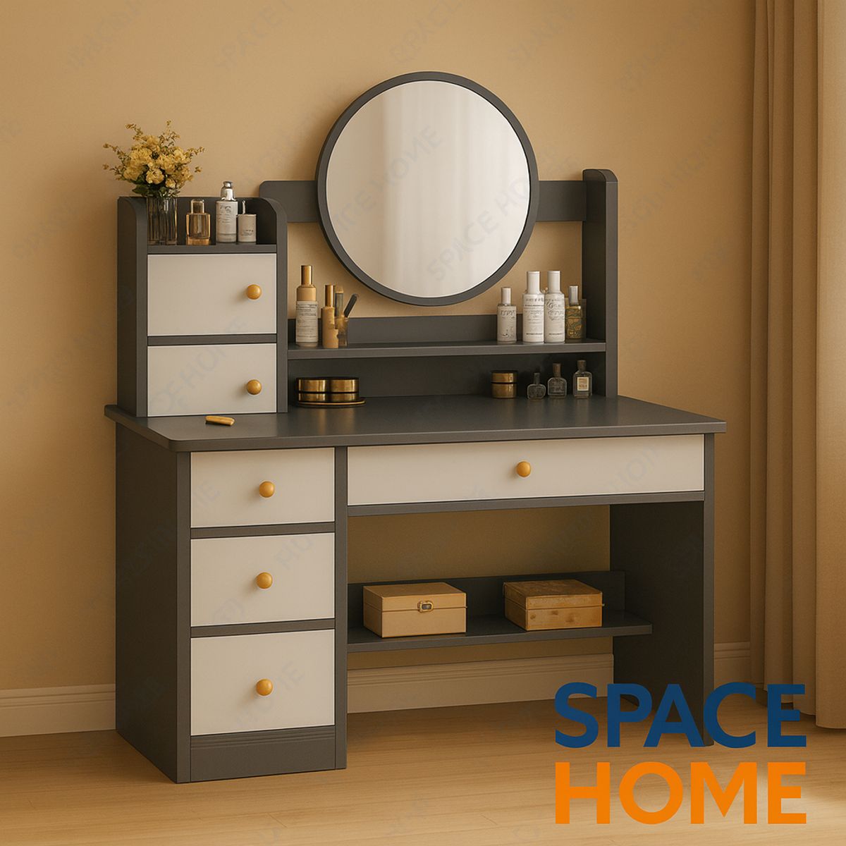 SPACE HOME - escritorio tocador luz led espejo 40cm multifuncional 6 gavetas