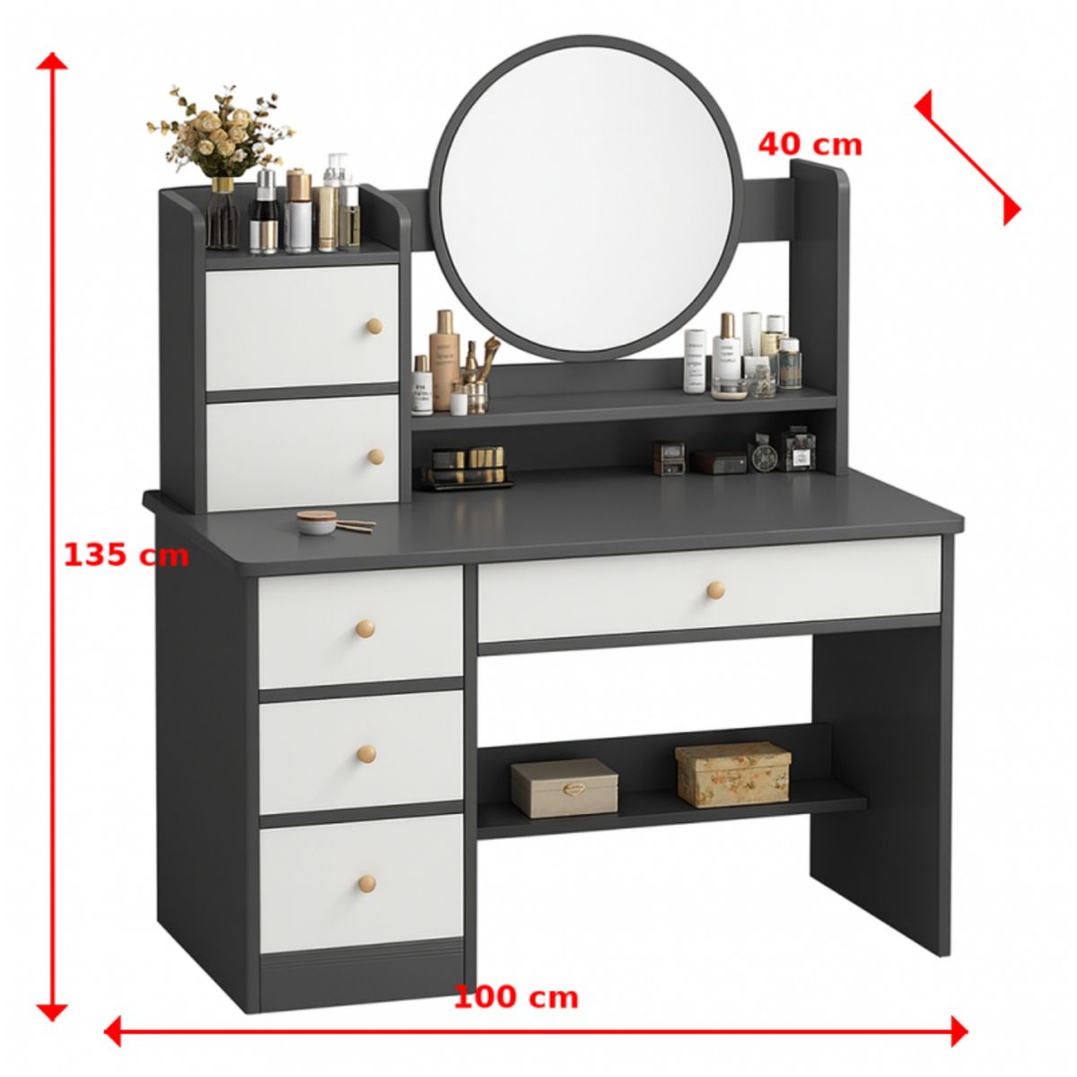 SPACE HOME - escritorio tocador luz led espejo 40cm multifuncional 6 gavetas