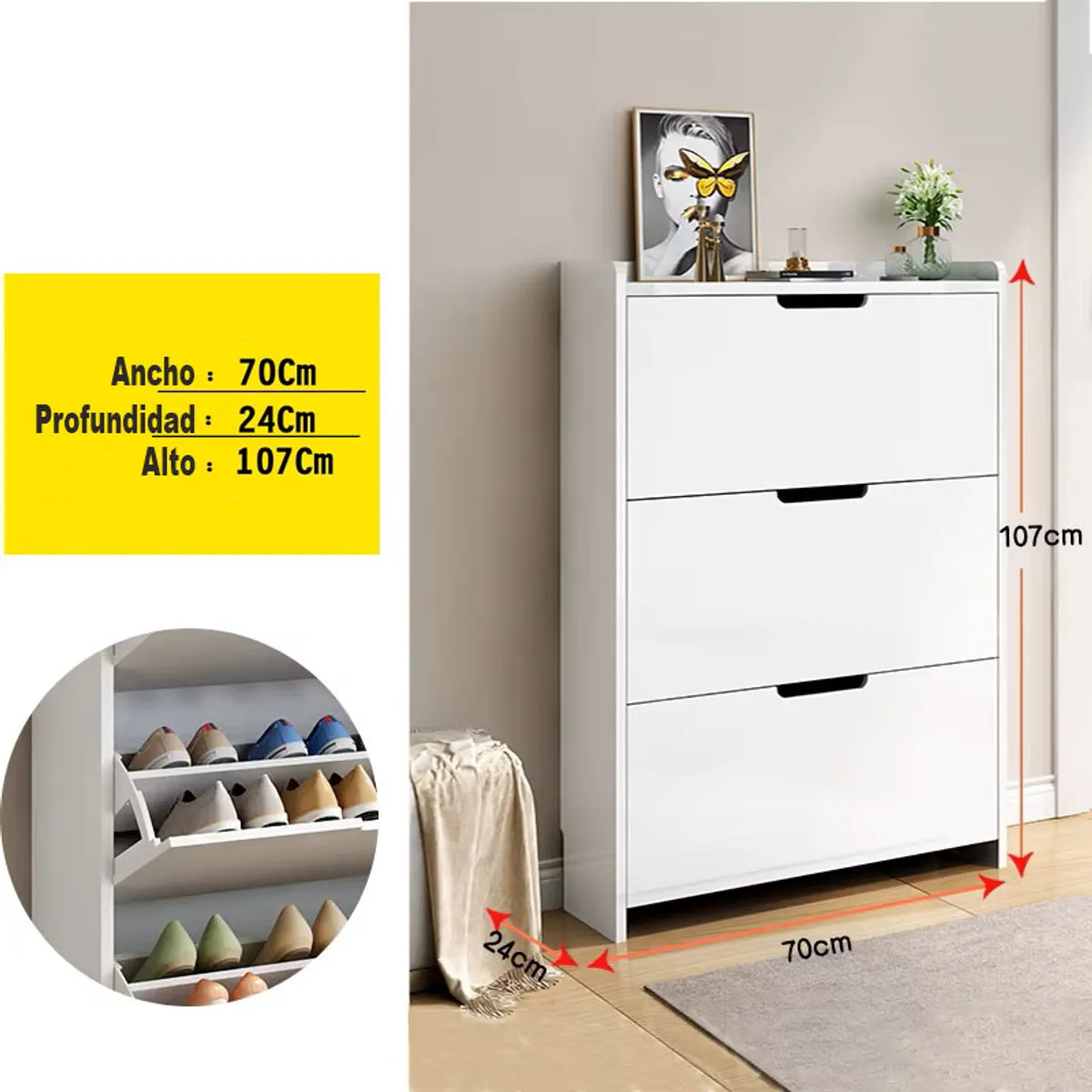 GENERICO - Zapatero 3 Cajones 107x70x24cm Color Blanco