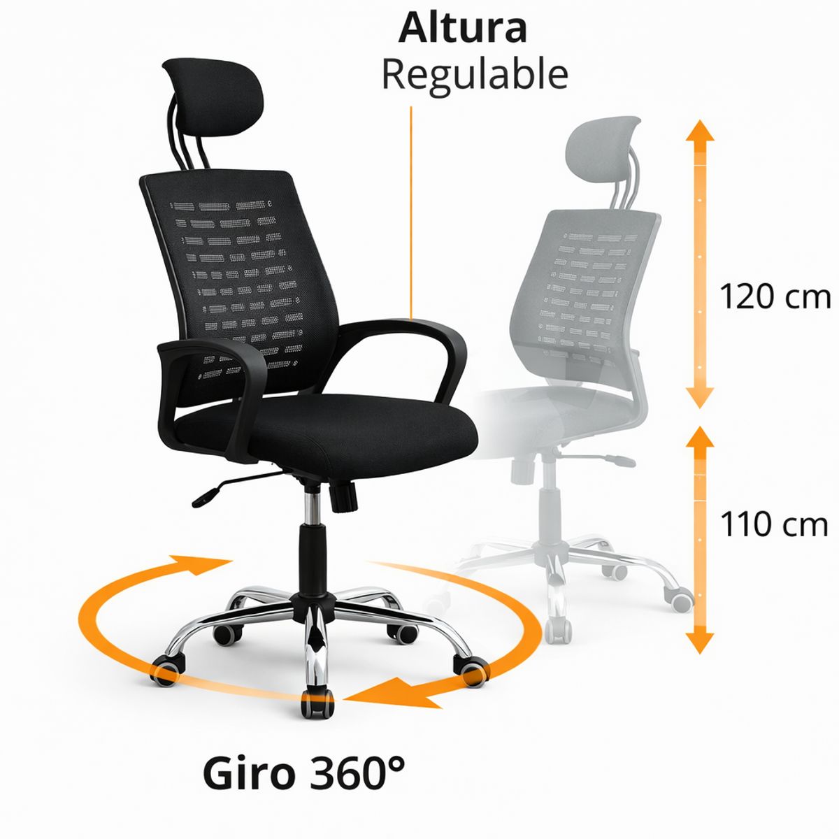 SPACE HOME - Silla Oficina Ergonómica  Negra con Cabecera 110 a 120 cm (ajustable) giro 360° y 5 ruedas