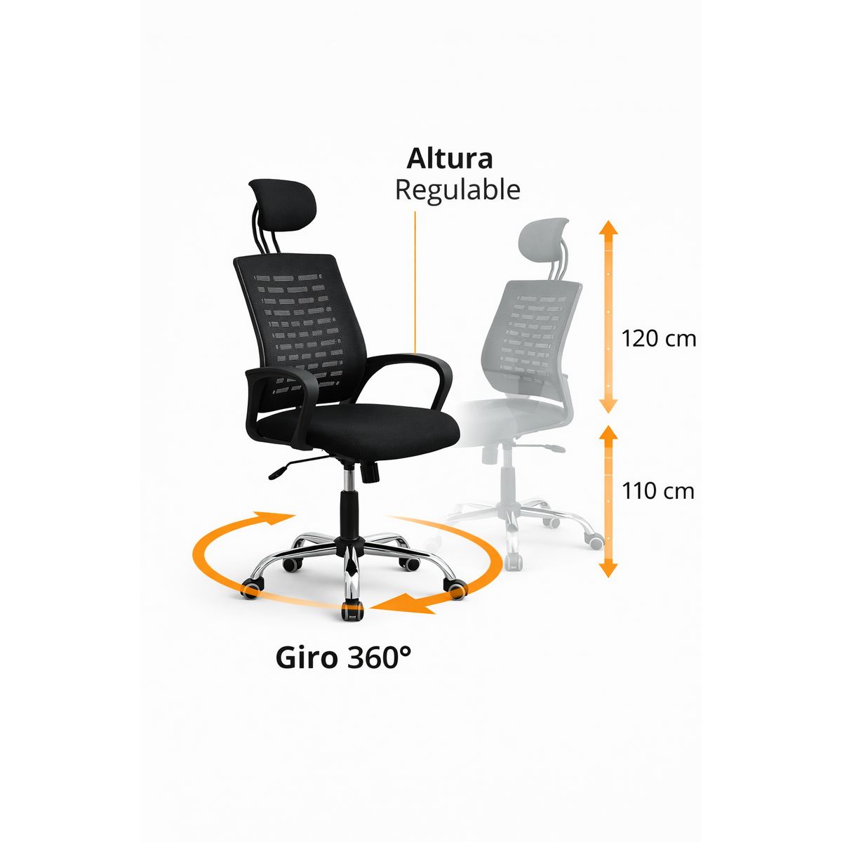 SPACE HOME - Silla Oficina Ergonómica  Negra con Cabecera 110 a 120 cm (ajustable) giro 360° y 5 ruedas