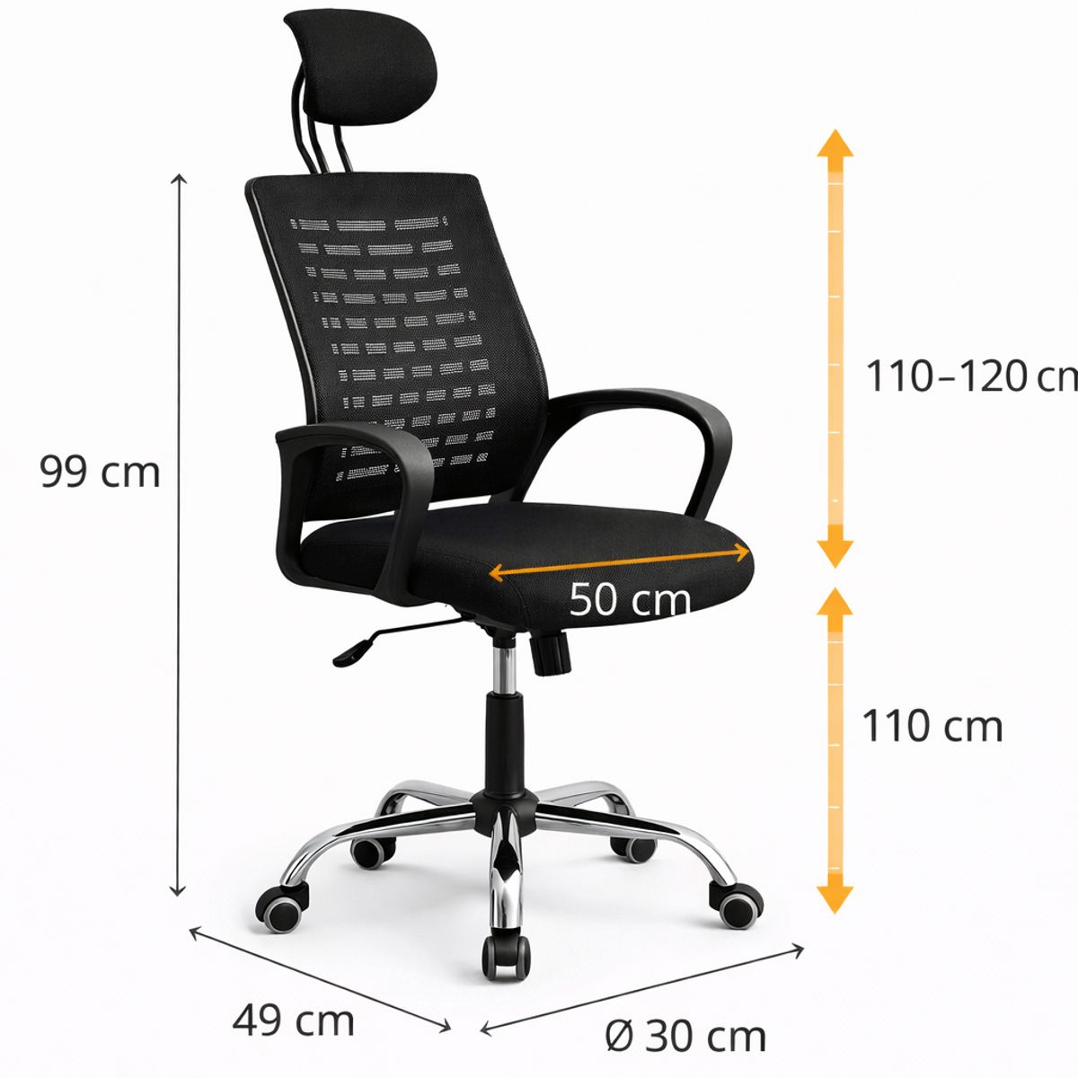 SPACE HOME - Silla Oficina Ergonómica  Negra con Cabecera 110 a 120 cm (ajustable) giro 360° y 5 ruedas