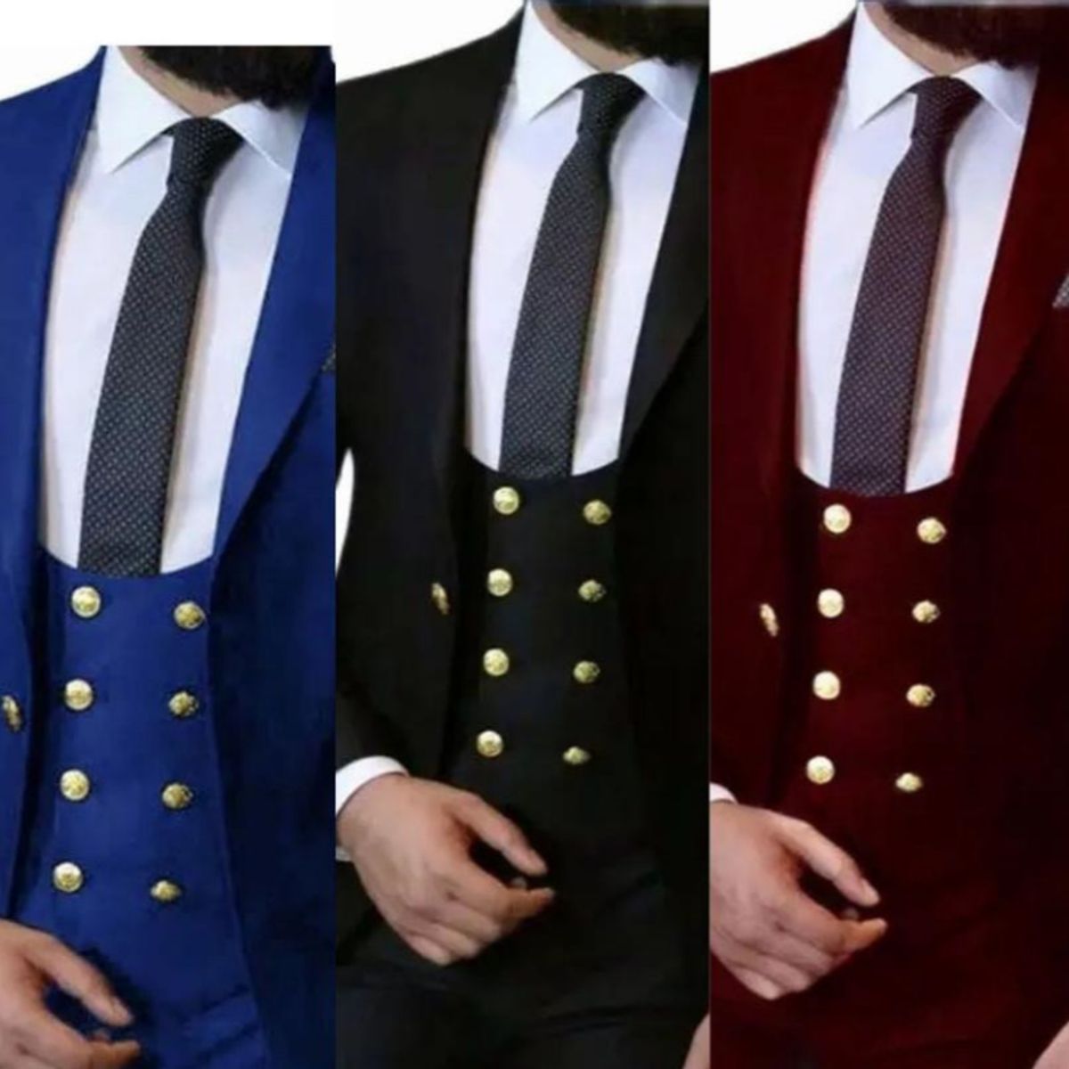 XPRESS RECHARGE - Traje burdeo de Hombre 3 Piezas con Chaleco de Botones Dorados