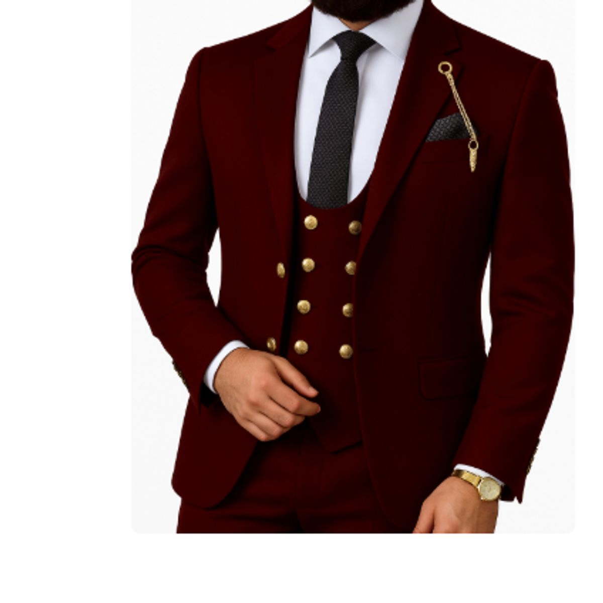 XPRESS RECHARGE - Traje burdeo de Hombre 3 Piezas con Chaleco de Botones Dorados
