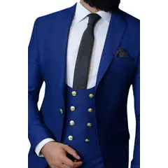 XPRESS RECHARGE - Traje azul de Hombre 3 Piezas con Chaleco de Botones Dorados