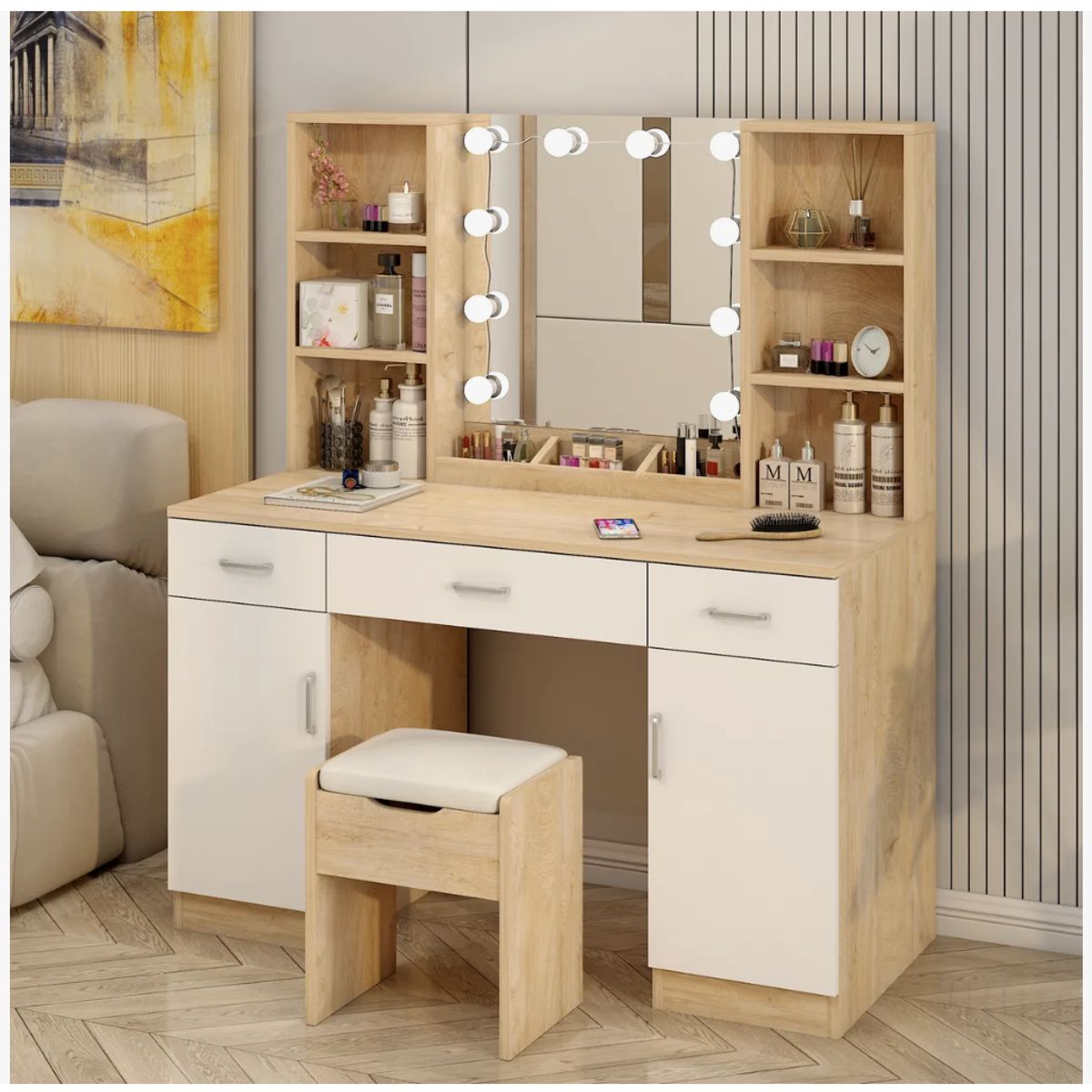 HOMER DESIGN - Tocador Con Espejo tipo Hollywood con Taburete Cajones 140x115x40cm