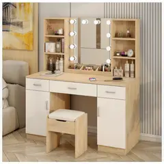 HOMER DESIGN - Tocador Con Espejo tipo Hollywood con Taburete Cajones 140x115x40cm