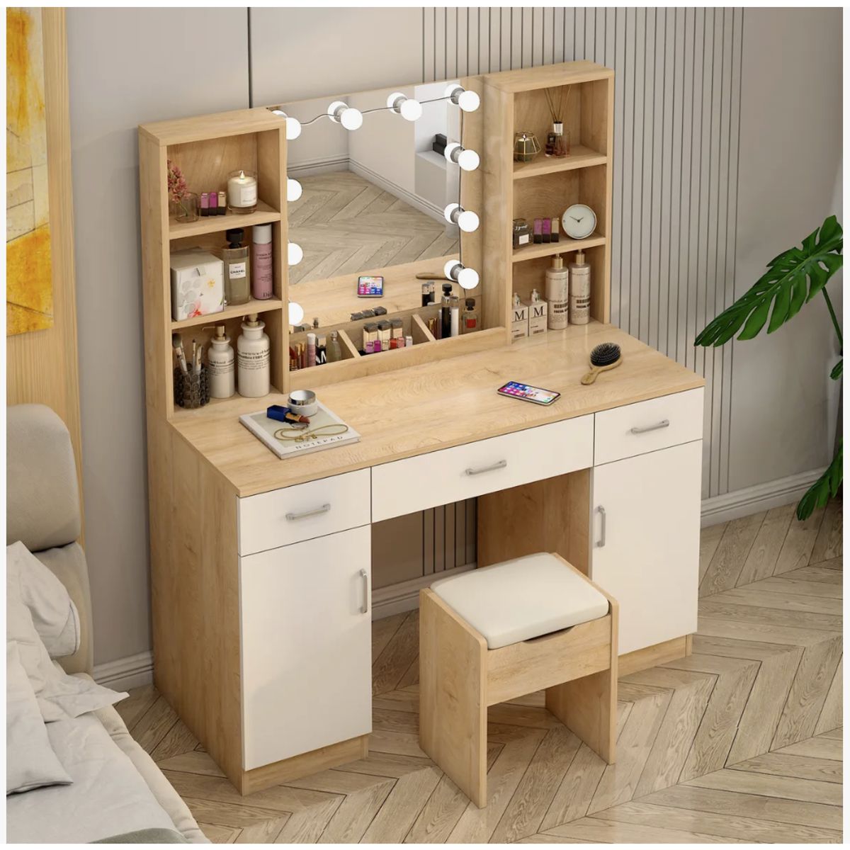 HOMER DESIGN - Tocador Con Espejo tipo Hollywood con Taburete Cajones 140x115x40cm