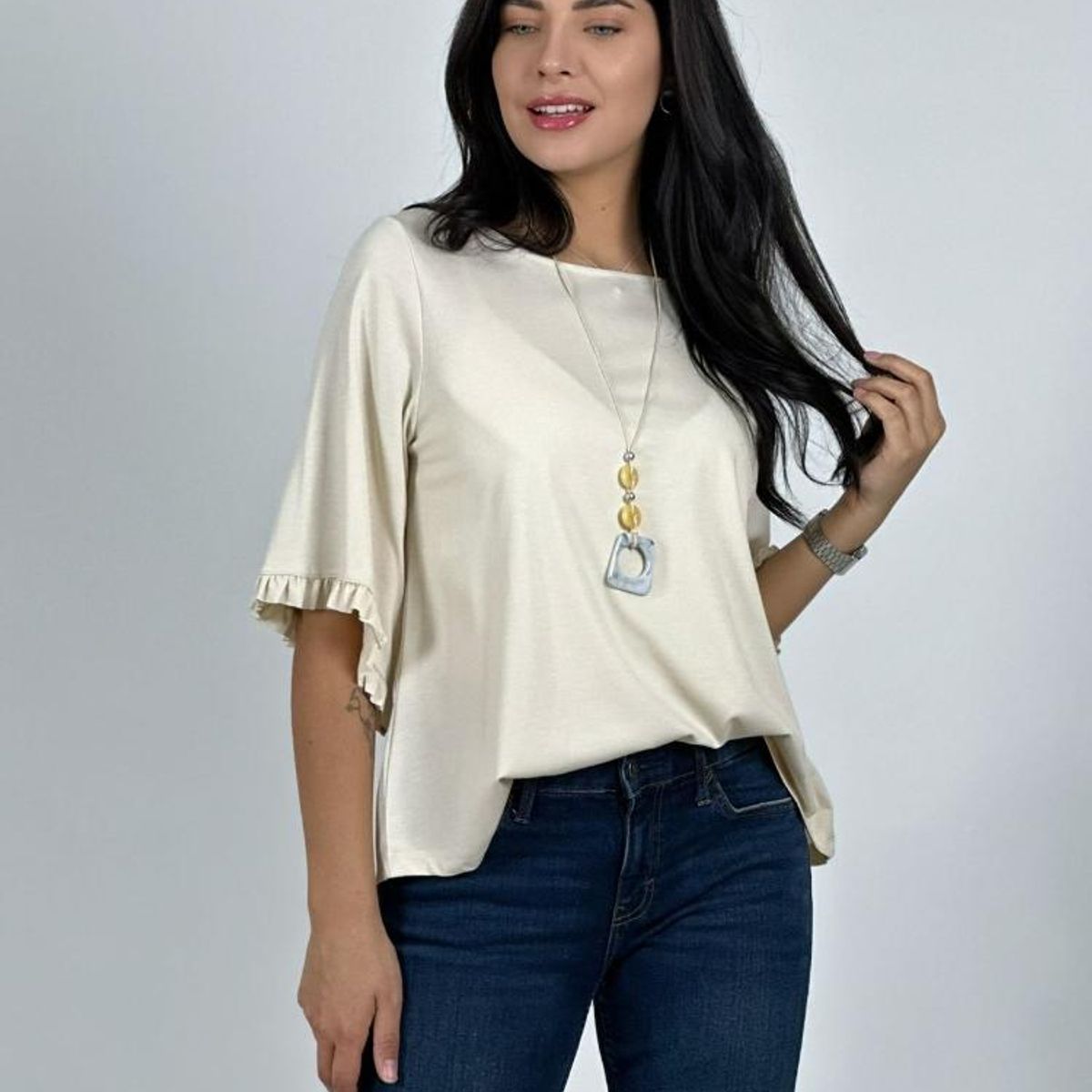 ENIGMATICA BOUTIQUE - Blusa Viscosa Mangas Farolaos con Collar