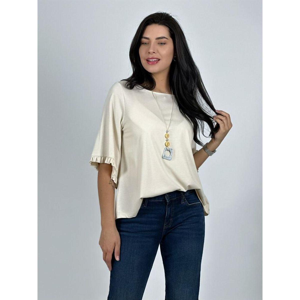 ENIGMATICA BOUTIQUE - Blusa Viscosa Mangas Farolaos con Collar
