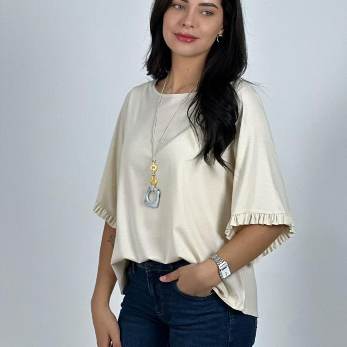 ENIGMATICA BOUTIQUE - Blusa Viscosa Mangas Farolaos con Collar