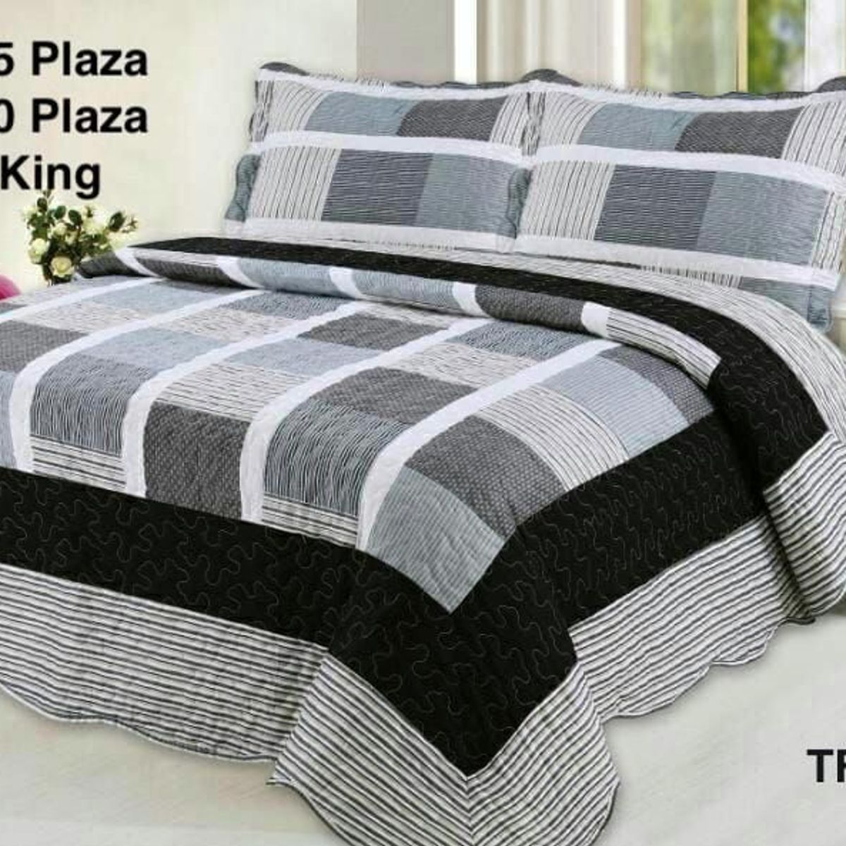 GENERICO - Cobertor Quilt de Verano 2 plazas Negro y Gris Diseño Cuadros