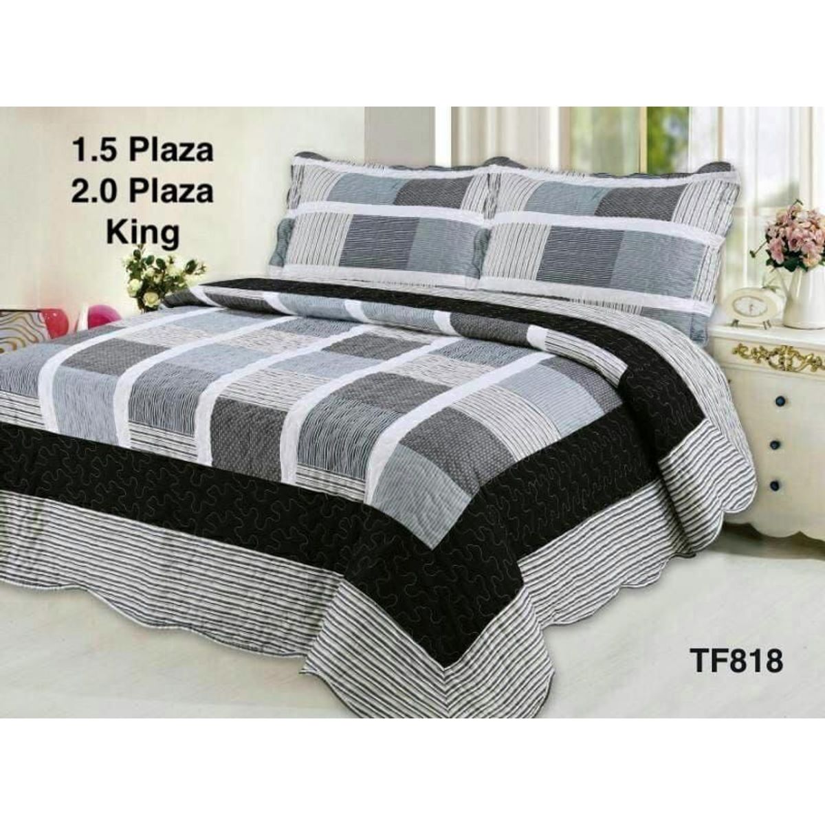 GENERICO - Cobertor Quilt de Verano 2 plazas Negro y Gris Diseño Cuadros