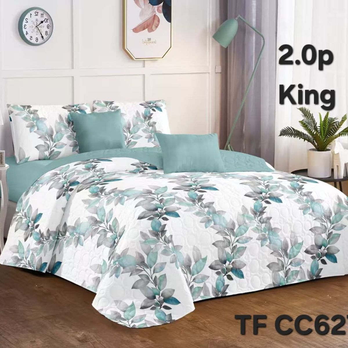 GENERICO - Cobertor Quilt de Verano 2 plazas Color Verde Menta Diseño Hojas