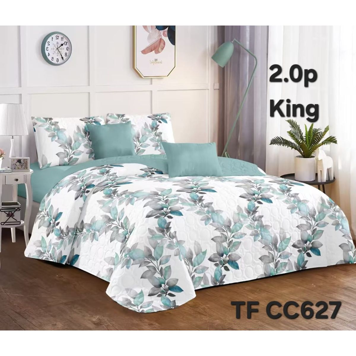 GENERICO - Cobertor Quilt de Verano 2 plazas Color Verde Menta Diseño Hojas