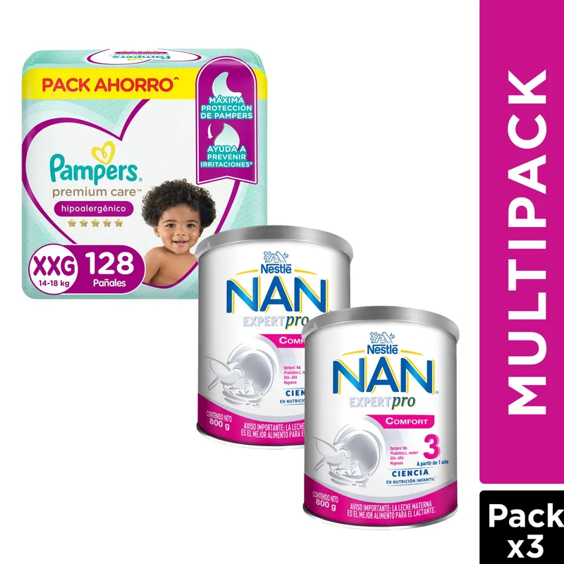NAN - Pack Ahorro 2x Fórmula NAN 3 Confort + 1x Pañal Pampers Premium Care XXG 128