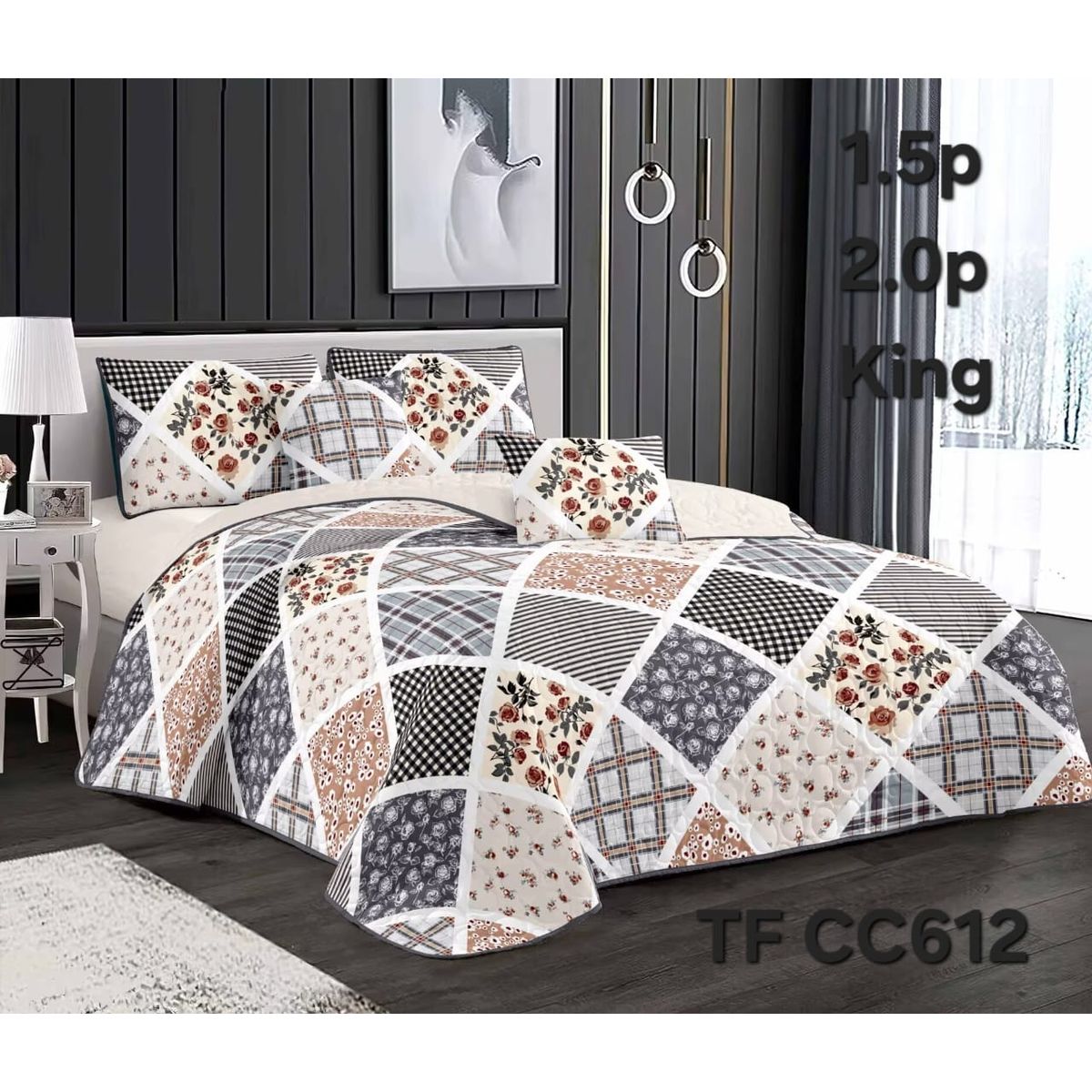 GENERICO - Cobertor Quilt de Verano 2 plazas Diseño Geometrico Cafe Floreado