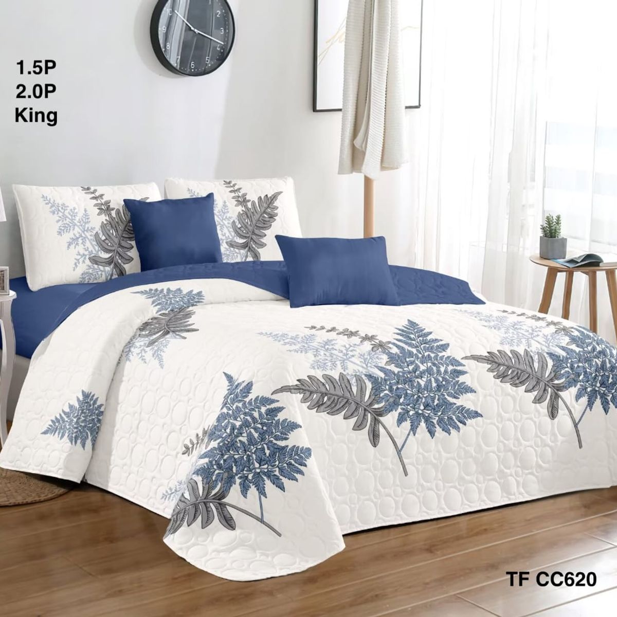 GENERICO - Cobertor Quilt de Verano 2 plazas Blanco Diseño Espigas Azules