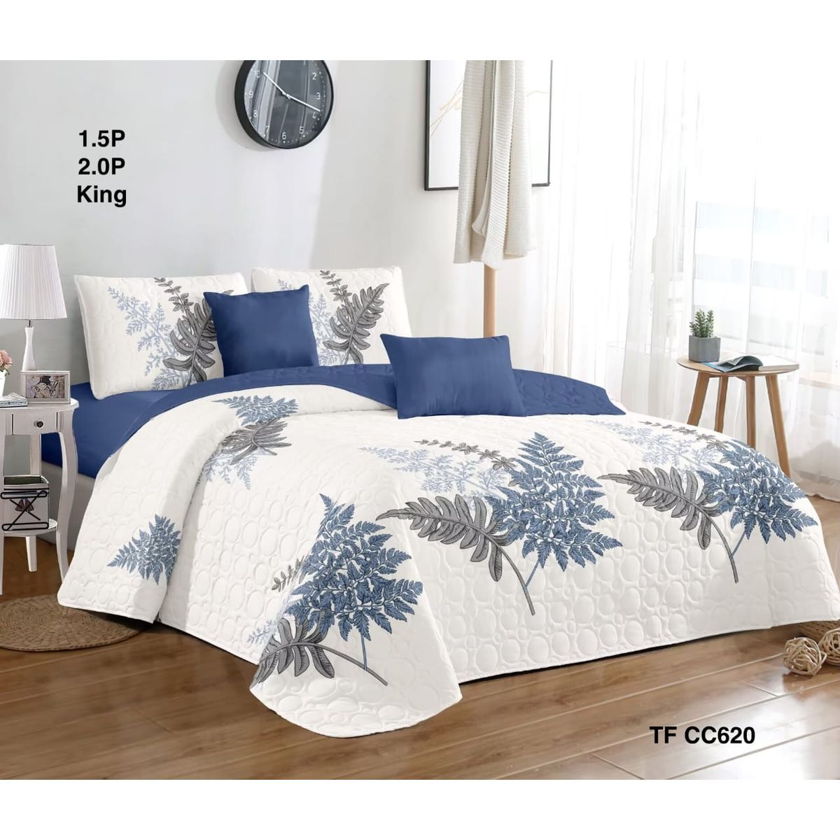 GENERICO - Cobertor Quilt de Verano 2 plazas Blanco Diseño Espigas Azules