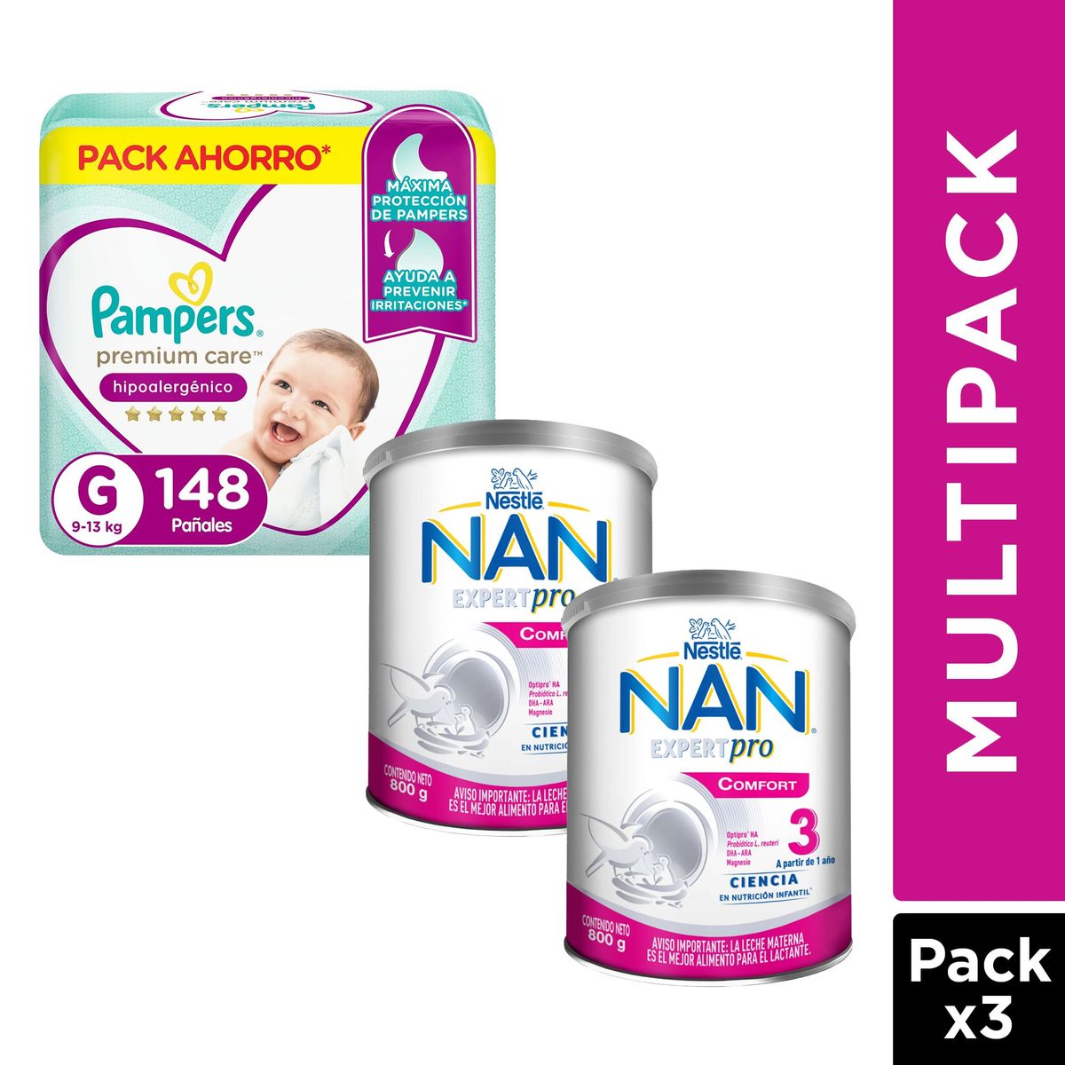 NAN - Pack Ahorro 2x NAN 3 Confort + 1x Pañal Pampers Premium Care G 148