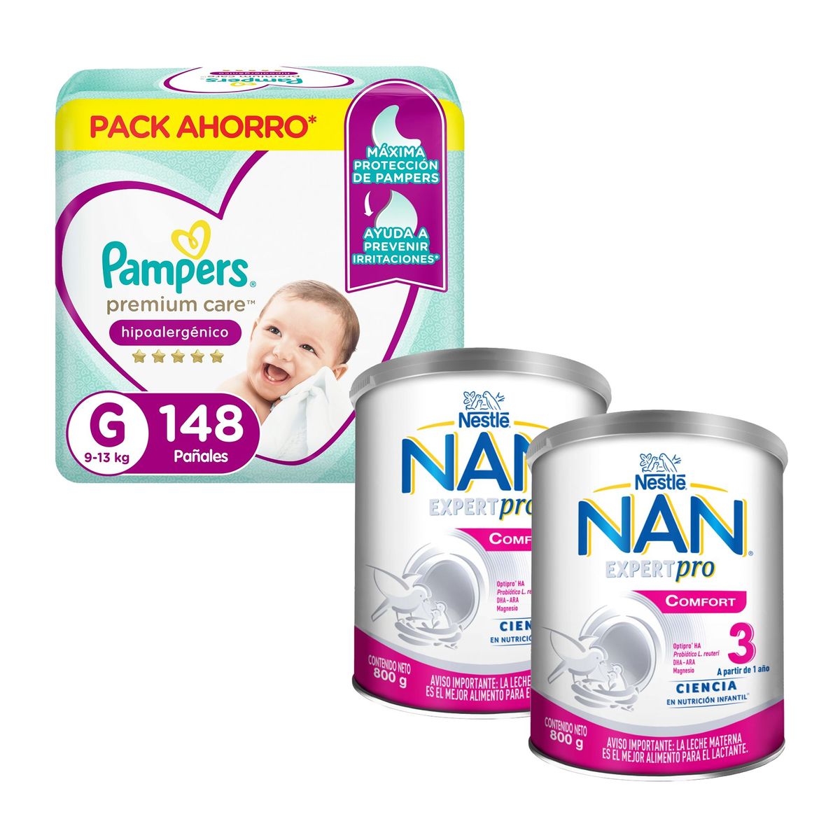NAN - Pack Ahorro 2x NAN 3 Confort + 1x Pañal Pampers Premium Care G 148